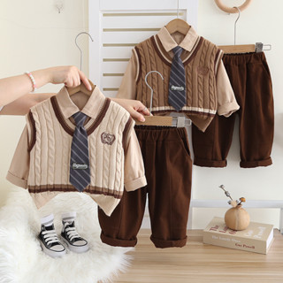 Quần Áo Quý Ông Bé Trai Trẻ Sơ Sinh 3 Bộ Đồ Mùa Xuân Thu Thời Trang Cho Bé Họa Tiết Xixiu Áo Len Dệt Kim + Áo Sơ Mi Chắc Chắn Có Nơ Dây Buộc Sọc + Quần Quần Quần Áo Tập Đi Trang Phục