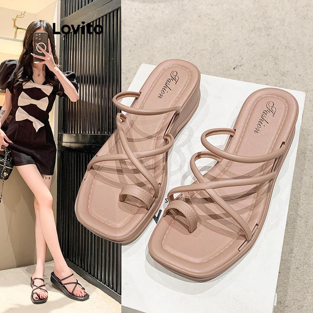 Lovito Sandal đế bằng đơn giản Criss Cross dành cho nữ LFA46674