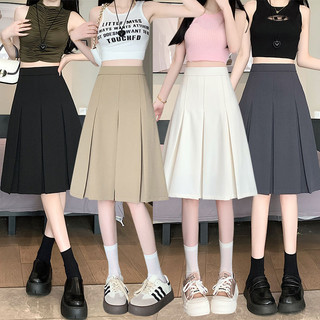 Váy xếp li nhỏ màu xám dành cho nữ Mùa hè Phong cách mới Eo cao ôm hơn Váy chữ a giữa dài phong cách Preppy Váy nửa chiều dài