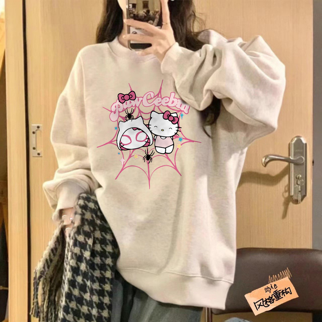 Áo sweater nỉ lót bông nữ Trắng form rộng dài tay Hello Kitty in hình outerity local brand SALUTE