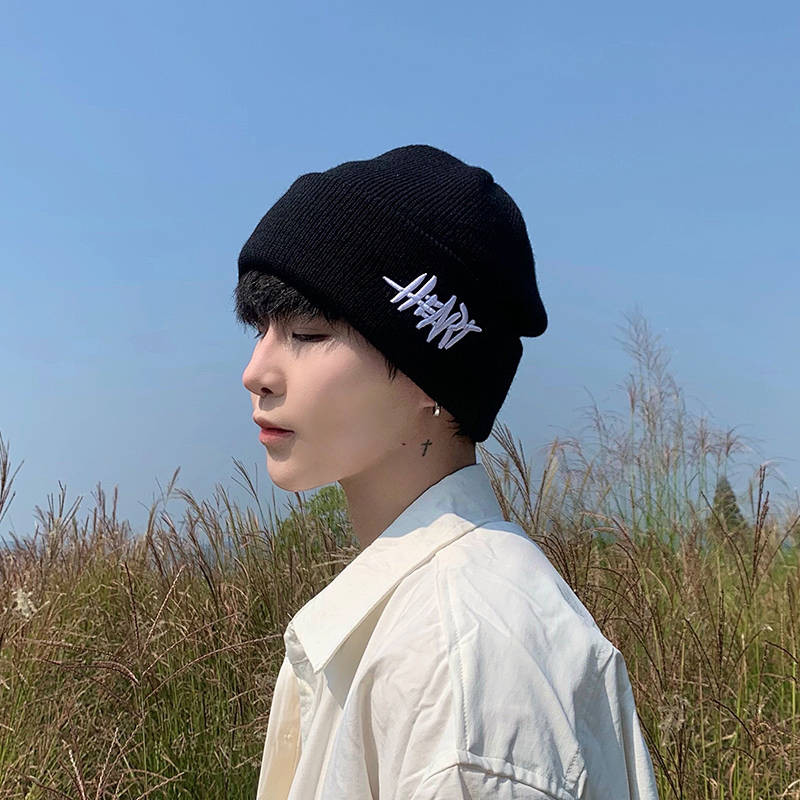 Hat Men's Winter Black Woolen Cap Men's Big Head Circumference Autumn and Winter Knitted Hat Beanie 