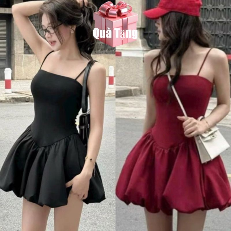 Đầm 2 dây phối kiểu from bí xòe free size dưới 52kg