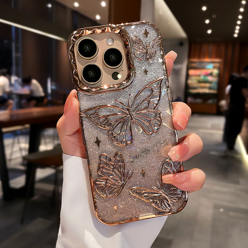 Ốp điện thoại hình con bướm nhăn mạ điện cho iPhone 16 11 12 13 14 15 pro max 15 16 plus Vỏ mềm bảo vệ ống kính chống rơi Vỏ bảo vệ điện thoại