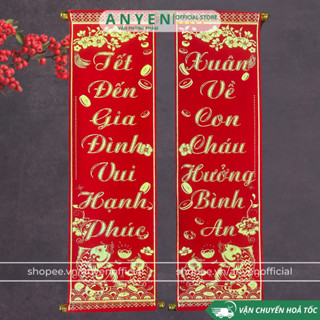   HÀNG ĐẸP 1 đôi câu đối đỏ liễng trang trí tết in chữ Việt Nam làm từ vải nhung đẹp 
