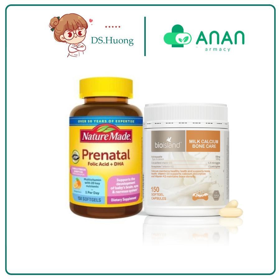 Combo Nature Made Vitamin Tổng Hợp bầu Prenatal Folic Acid + DHA 150 viên và Canxi BioIsland Bone ca