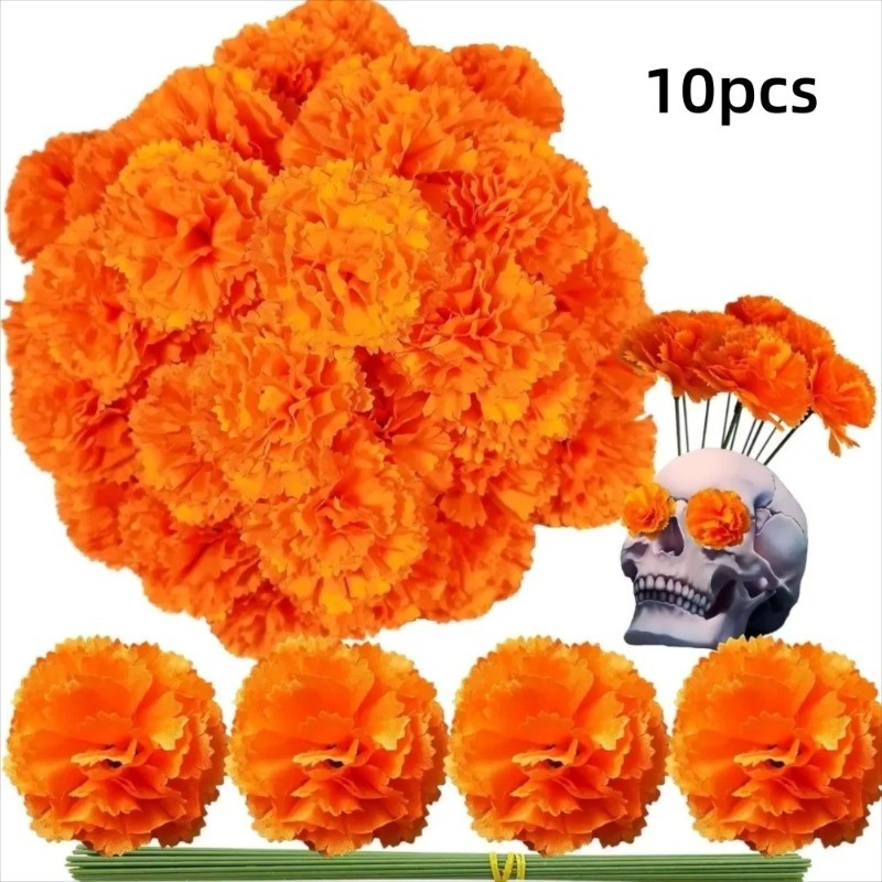 10 Đầu hoa cúc vạn thọ, Hoa nhân tạo Diwali để trang trí, 5CM Màu vàng cam Hoa chọn để trang trí tiệ