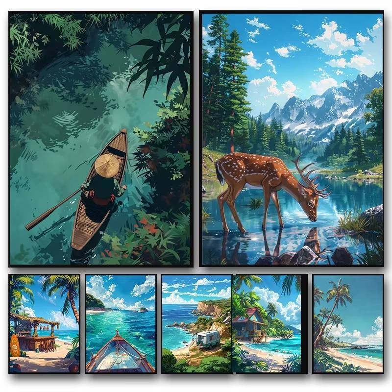 Biển Hướng Trang Viên Phong Cảnh Thanh anime Treo Tường Tranh poster Xanh Bãi Biển Lều Rừng Vải Tranh In Hình Phòng Khách Hình Trang Trí Hiện Đại
