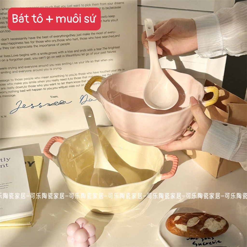 Bát Tô Sứ Kèm Muôi Múc Canh Màu Pastel Siêu Xinh