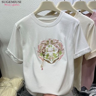 Sugemiusi Chất Lượng Cao Cotton Nguyên Chất Tay Ngắn Top Nữ Thời Trang Phù Hợp Với Tua Rua Thêu Nữ T