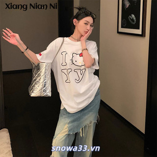 Xiang Nian Ni Áo thun ngắn tay in chữ Hello Kitty dáng rộng đơn giản phong cách Hàn Quốc dành cho nữ