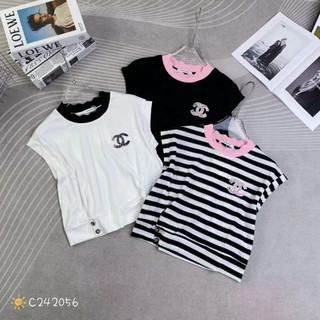 Áo thun nữ tay hến cổ tròn pha màu cườm X vạt khuy hàng Quảng Châu chất cotton, áo phông form vừa mùa hè 242056 2