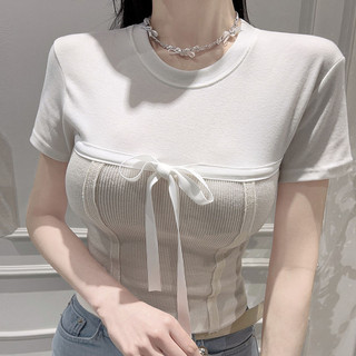 Thời trang phiên bản Hàn Quốc Slim-fit Stitching Bow Tie ngắn tay T