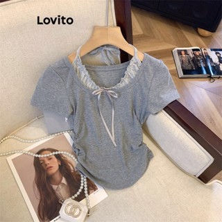 Áo thun Lovito màu trơn giả 2 trong 1 có dây buộc phía trước dành thời trang thường ngày cho nữ LNE64426
