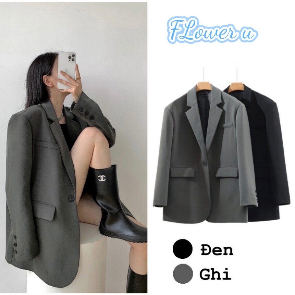 （Giao hàng nhanh tại Hà Nội）Áo Blazer Dáng Rộng Hai Lớp Màu Trơn Đen Ghi Có Đệm Vai Đứng Form Day Dặn Thanh Lịch Nữ