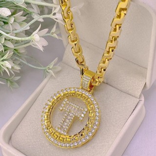 Dây Chuyền Nam Nữ Mạ Vàng Kèm Mặt Chữ T Đính Đá, Sang Trọng, Có Kí Hiệu