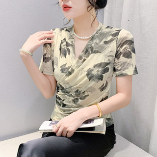 MIOU 2025 mới in hình cổ điển cổ chữ V xếp ly cho nữ mùa hè tay ngắn thời trang khí chất lưới áo sơ mi nhỏ