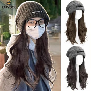  Fuzou Mũ Len Dệt Kim Gắn Tóc Giả Dài Gợn Sóng Kèm Tóc Giả Nối Dài Phong Cách Hàn Quốc Cho Nữ 
