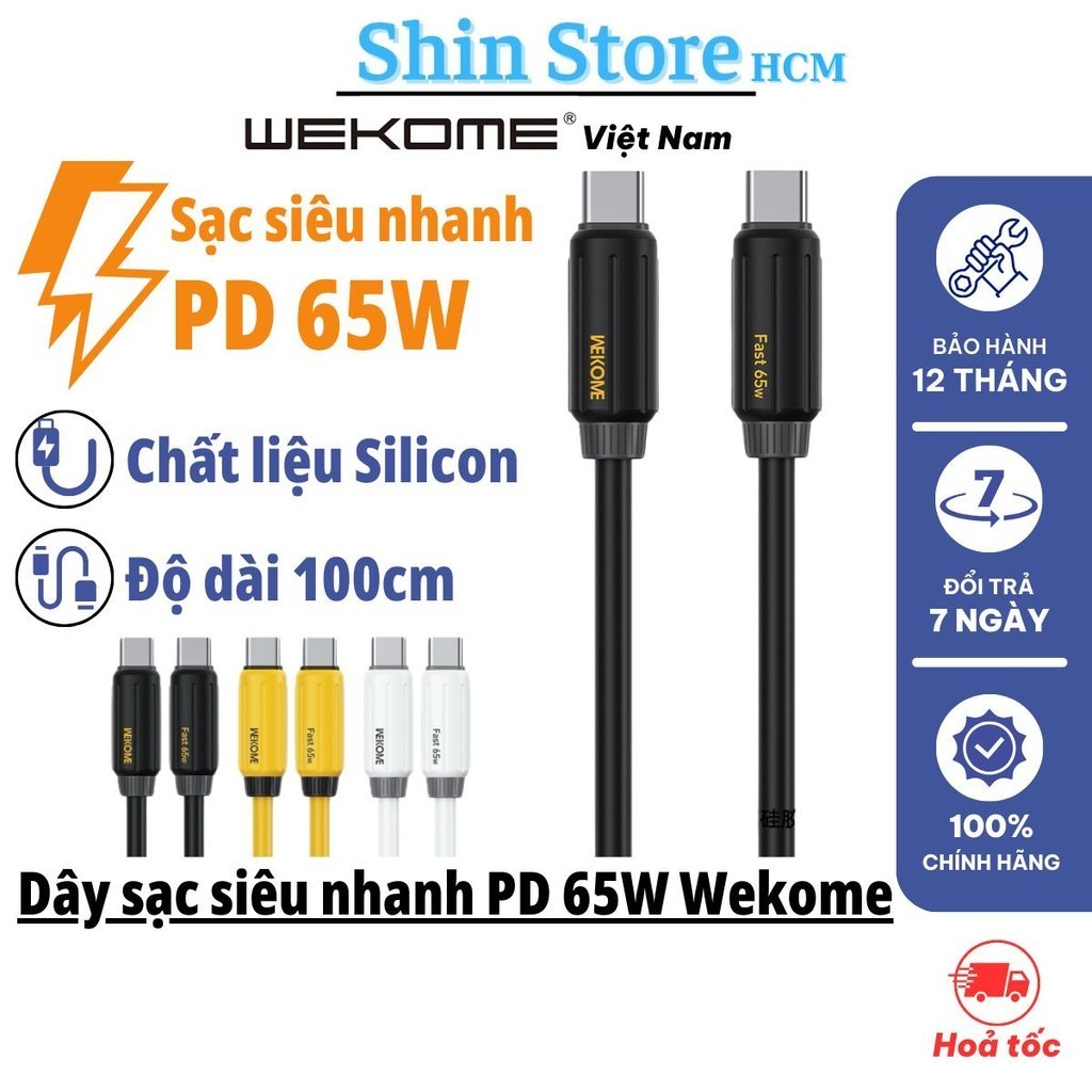 Dây sạc siêu nhanh PD 65W Type C to Type C, chính hãng WEKOME WDC-28, Dây Silicon chống đứt gãy rối 