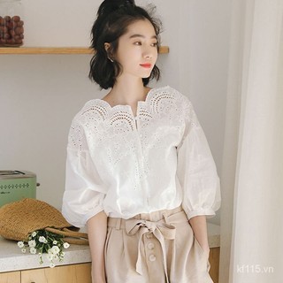 Áo Nữ Hở Vai Áo sơ mi nhóm nhỏ Áo sơ mi phong cách Hàn Quốc rộng rãi cho nữ học sinh mùa hè màu trắng V vai ngắn tay thiết kế cảm giác