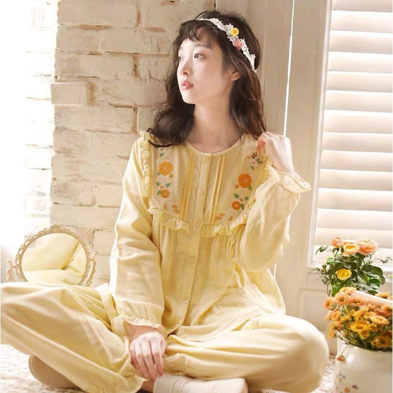 Nhật Bản Ngọt Ngào Phong Cách Công Chúa Thêu Homewear Nữ Bộ Đồ Ngủ Mùa Thu Dài Tay Cổ Tròn Mùa Xuân Thu Cotton Nguyên Chất Gạc Mỏng Phù Hợp Với 9.6 | BigBuy360 - bigbuy360.vn