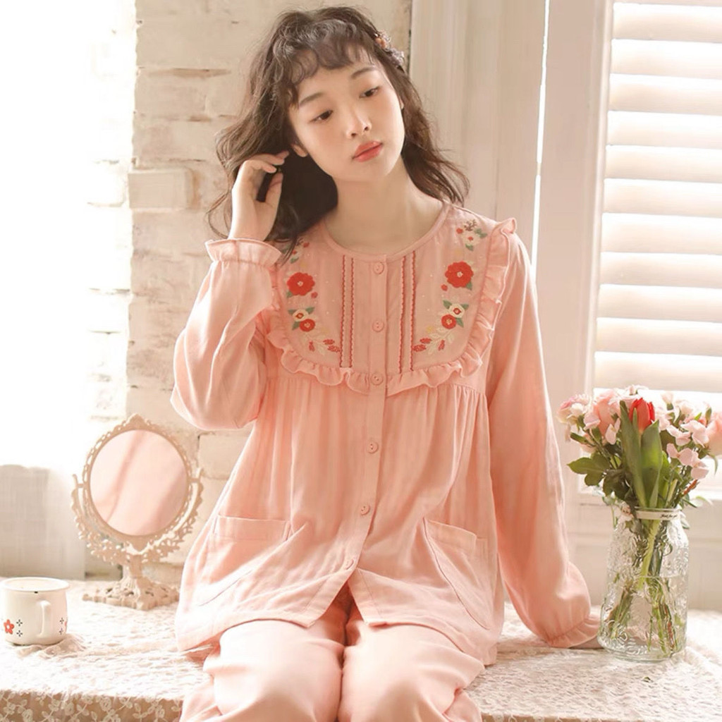 Nhật Bản Ngọt Ngào Phong Cách Công Chúa Thêu Homewear Nữ Bộ Đồ Ngủ Mùa Thu Dài Tay Cổ Tròn Mùa Xuân Thu Cotton Nguyên Chất Gạc Mỏng Phù Hợp Với 9.6 | BigBuy360 - bigbuy360.vn