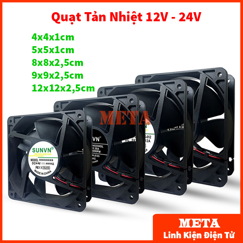 Quạt Tản Nhiệt 12V 24V 4x4 5x5 8x8 9x9 12x12cm, quạt làm mát 12V 24V dây có đầu jack, lưới bảo vệ quạt tản nhiệt