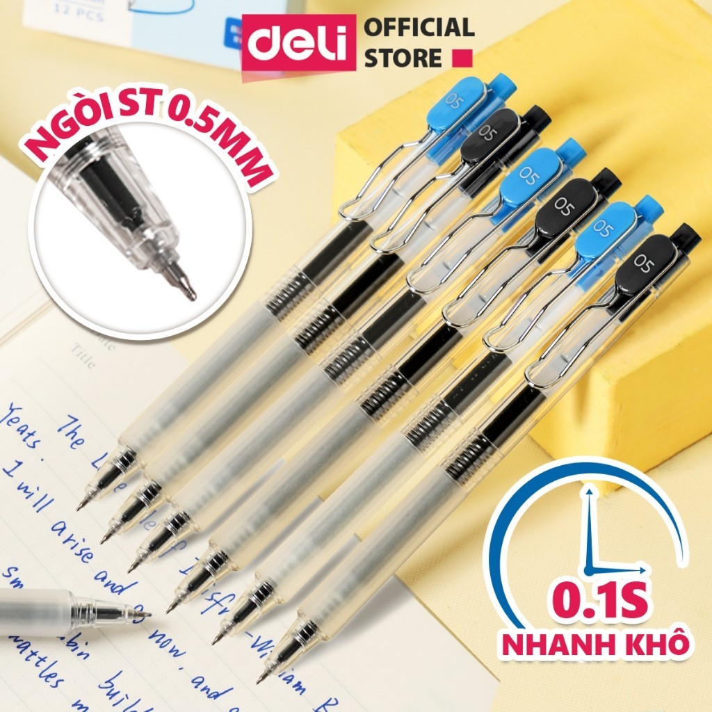 (Combo 5 cây - EG299) Bút Gel Bấm Khô Nhanh Deli Ngòi ST 0.5mm - Bút Bi Bút Nước Mực Đều Có Nắp Cài