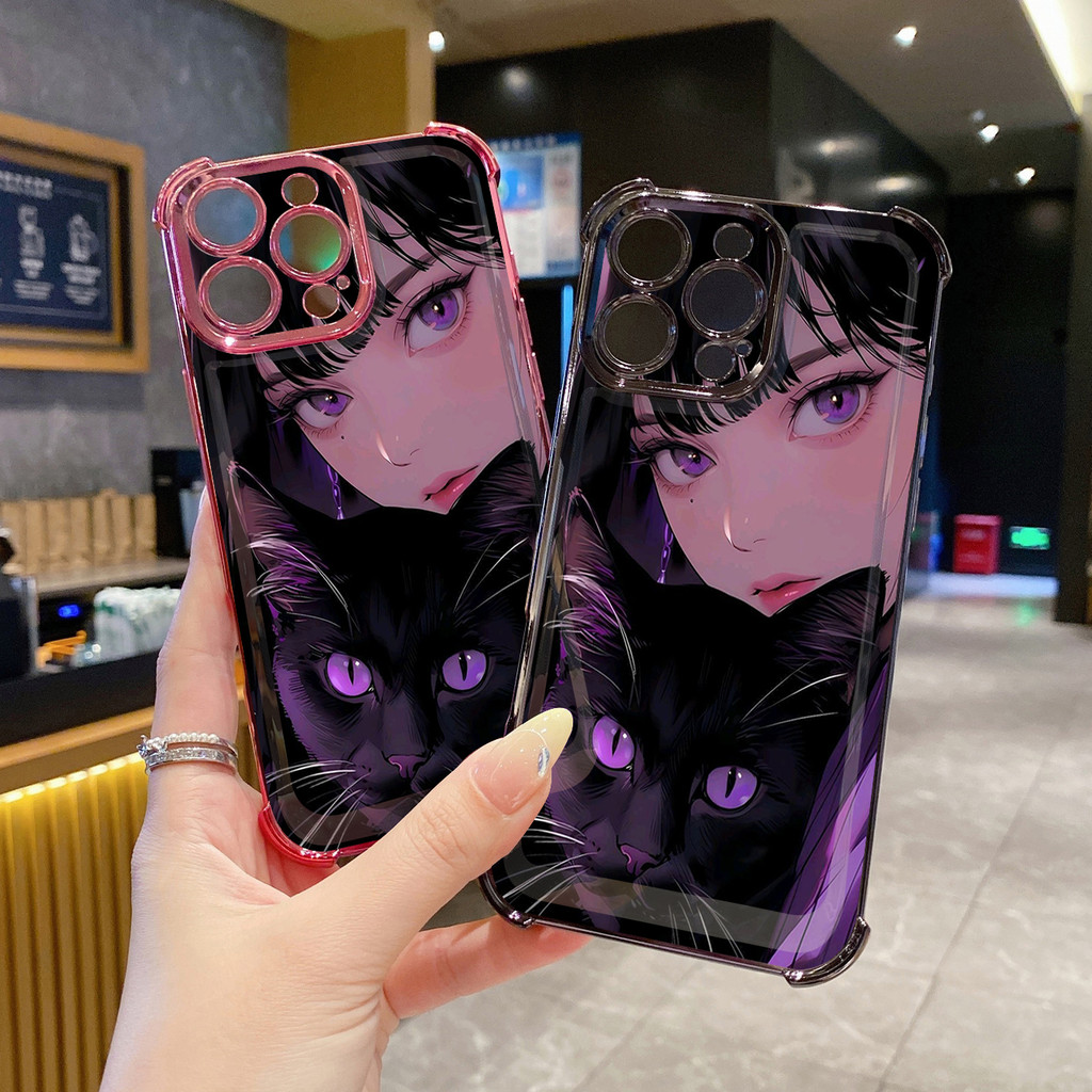 Cho iPhone 16 15 Pro Max 14 Plus 13 12 11 XR 8 7 SE 2022 XS Girl Black Cat Clear Mạ Case Chống Rơi