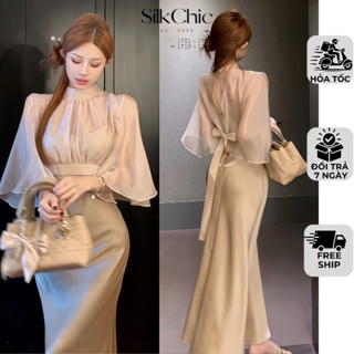  Set Đồ Nữ Áo Choàng Váy Lụa Dáng Dài SC675 Áo Cổ Tròn Tày Cánh Dơi Thắt Nơ Sau Lưng Sang Trọng 