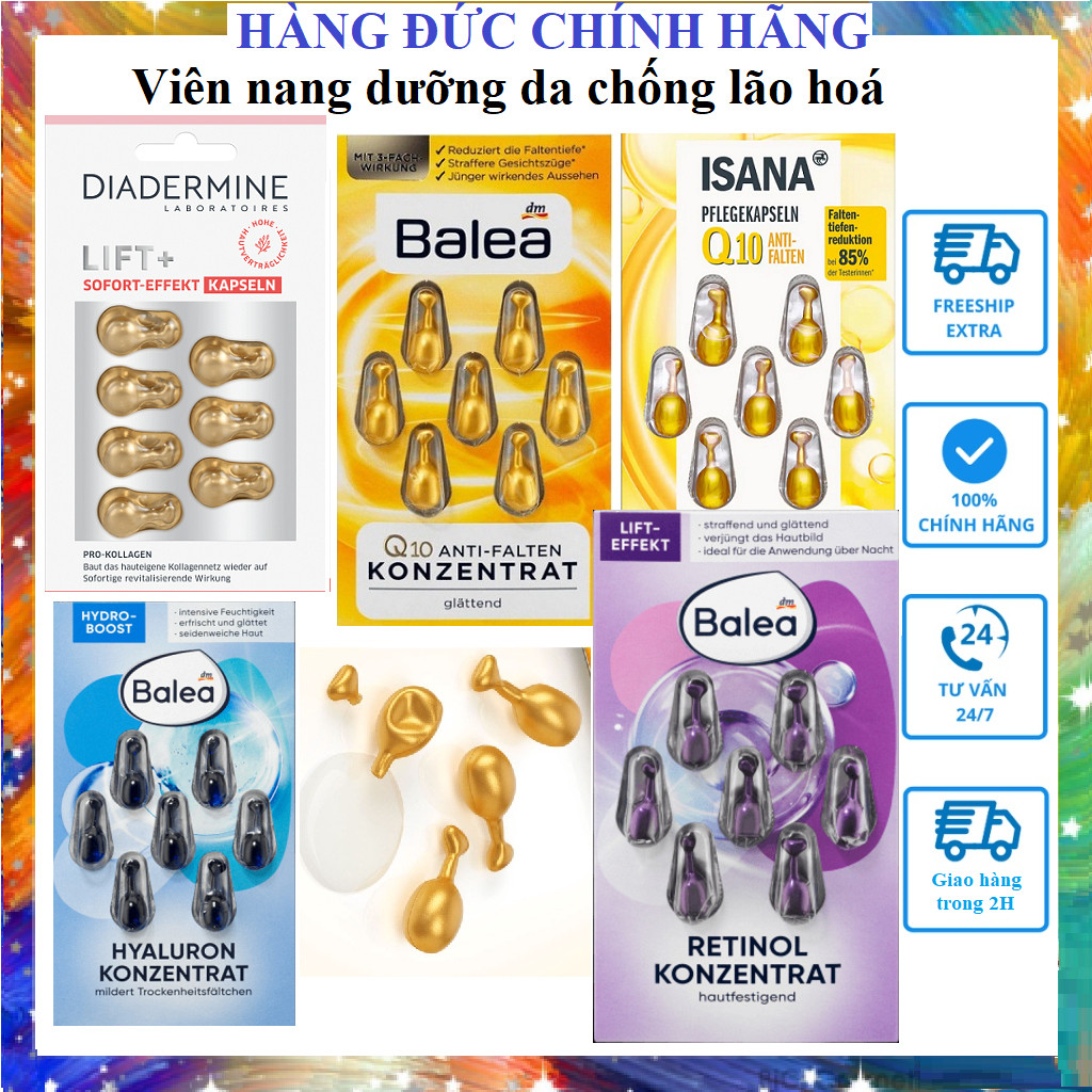 Viên nang dưỡng da Q10 Balea,Q10 ISANA và viên nang dưỡng da DIADERMINE LIFT + SOFORT EFFEKT Hàng Đứ