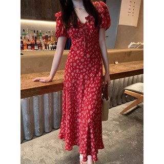 Size Lớn Đầm Retro Pháp Xù Cổ Chữ V Đỏ Hoa Nữ Kỳ Nghỉ Mùa Hè Pháp Ngọt Ngào Tính Khí Mỏng Phù Hợp