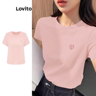 Áo thun Lovito màu trơn thêu hình trái tim phong cách thường ngày cho nữ L89MD072