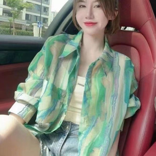 Áo sơ mi nữ dáng rộng mỏng thời trang và sành điệu Áo sơ mi chống nắng dài tay in màu xanh lá cây hàng đầu