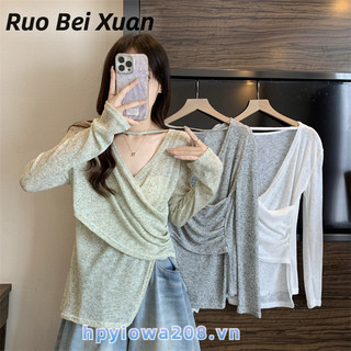 Áo thun nữ Ruo Bắc Xuân Phong cách mới sang trọng và đẹp không đều dáng rộng thường ngày xếp li mỏng thoáng khí hàng đầu