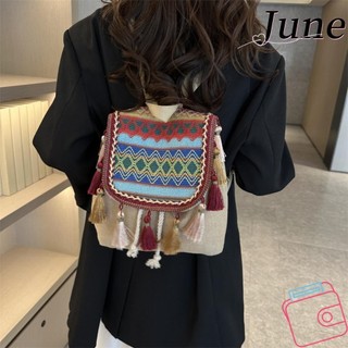 Ba lô JUNE, Túi xách nữ phong cách dân tộc bằng vải Canvas, Gói du lịch dung tích lớn tua rua