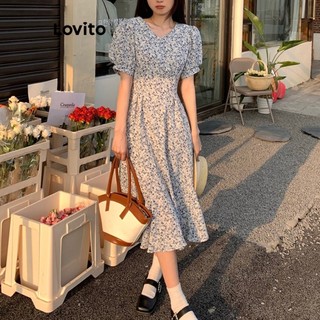 Đầm Lovito thắt nơ họa tiết hoa nhí phong cách thanh lịch cho nữ LNL36106 (Xanh dương)