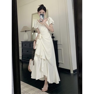 Váy Liền Tay Ngắn Thắt Dây Cổ Chữ Váy Dài Khí Chất Tôn Dáng Eo Bèo Viền Bèo Phong Cách Dịu Dàng Mẫu Mới