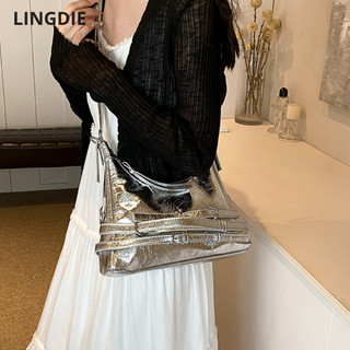 Lingdie Túi đeo vai một vai bạc thời trang thích hợp túi tote phổ biến thông thường