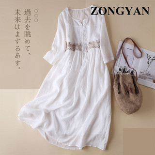 Spring 2023 váy thêu phong cách dân tộc cotton tinh khiết với phong cách nghệ thuật cổ tròn 9/4 tay áo váy cotton dài trung bình cho trẻ em (có kích thước lớn)