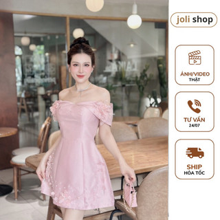 Váy Đầm Thiết Kế trễ vai đính hoa tỉ mỉ, Đầm dự tiệc sang trọng- Váy dáng ngắn Kèm quần Bảo Váy Thiết Kế Sang Chảnh.