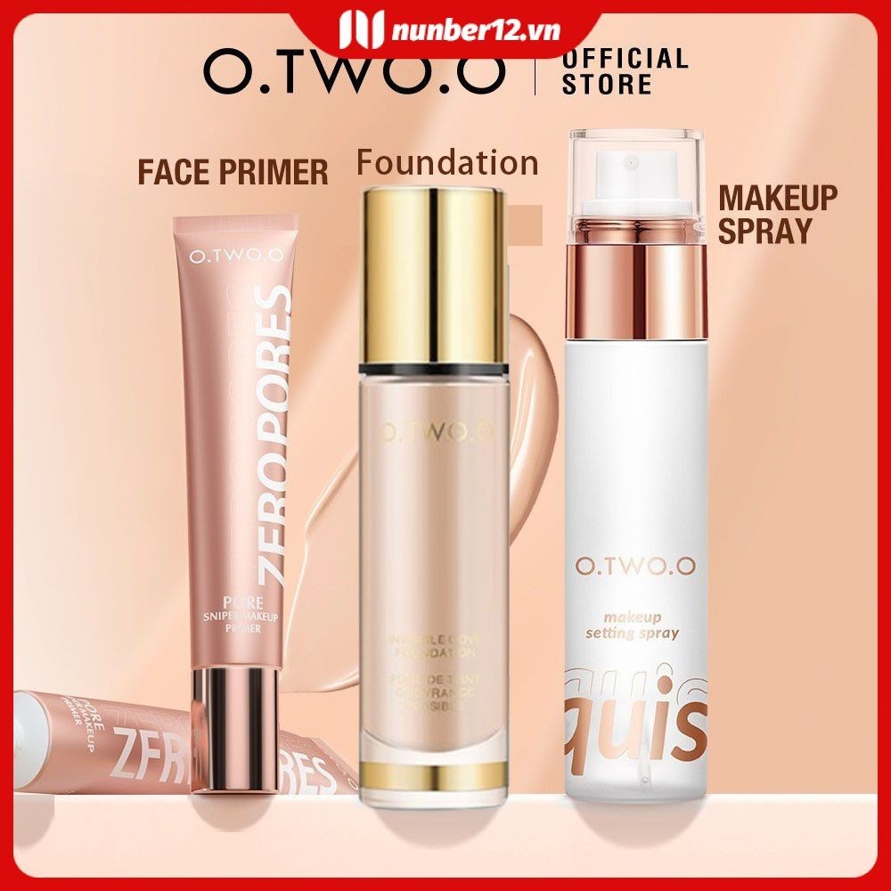 Bộ trang điểm O.two.o gồm 3 sản phẩm gồm kem lót + kem nền dạng lỏng + xịt khóa lớp nền lì lâu trôi (number12.vn.)