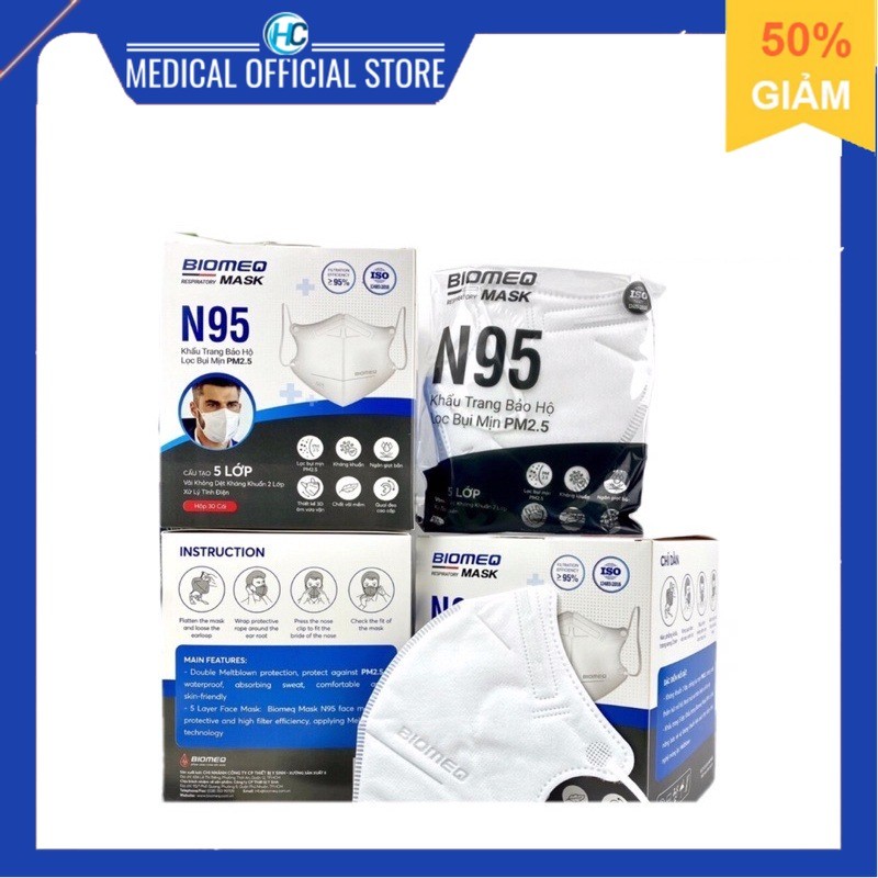Khẩu trang N95 BIOMEQ 5 LỚP kháng khuẩn thiết kế 3D lọc bụi mịn PM2.5, ngăn giọt bắn (1 hộp)