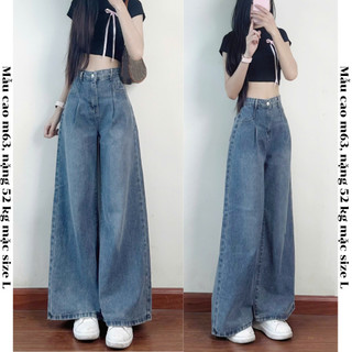   Ảnh thật  Quần jeans nữ dáng  suông xếp ly màu xanh đậm dáng dài UNIZ Quanjean9304 P6K8 