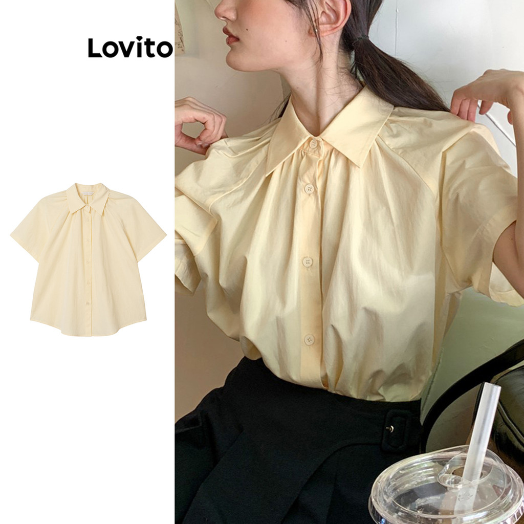 Lovito Áo kiểu xếp li trơn đơn giản cho nữ L95ED265