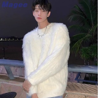  Áo sơ mi dệt kim nam mới Magee Phiên bản Hàn Quốc cổ điển cao cấp Thiết kế lông chồn giả dày lười biếng dáng rộng phong cách cặp đôi tuổi teen Áo dài tay thời trang 