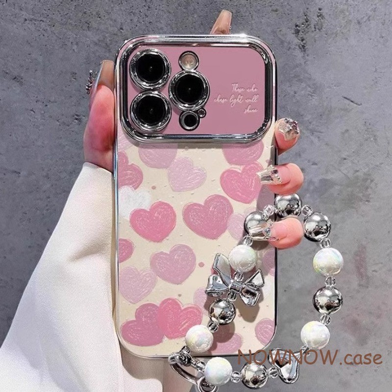 Dành Cho iPhone 16 15 14 13 12 11 Pro MAX X XR XS MAX 7 8 Plus INS Hoạt Hình Dễ Thương Toàn Màn Hình Cô Gái Màu Hồng Mạ Tình Yêu Vỏ Điện Thoại Cửa Sổ Lớn Vỏ Mềm Có Vòng Tay