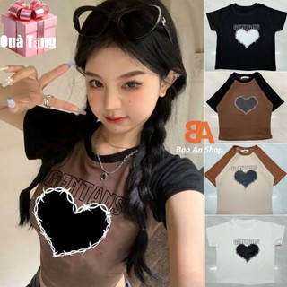 Áo croptop nữ kiểu phối tim ôm body tay ngắn nhiều màu chất vải thun Borip dày dặn mềm mát mịn Free Size dưới 54kg hot