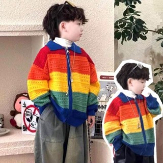 [Phong cách mới cho mùa thu và mùa đông] Áo len dệt kim cho bé trai và bé gái mùa thu Áo len dây kéo trẻ em rộng rãi SọC CầU VồNg