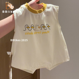 Quần áo trẻ sơ sinh mùa hè cho bé trai và bé gái Bộ đồ liền thân không tay hình vịt hoạt hình