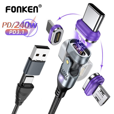 Cáp sạc từ tính Fonken 2 trong 1 PD240W USB-A Type-C sang Micro Type-C iOS 180° Dây dữ liệu có thể xoay được cho máy tính bảng điện thoại